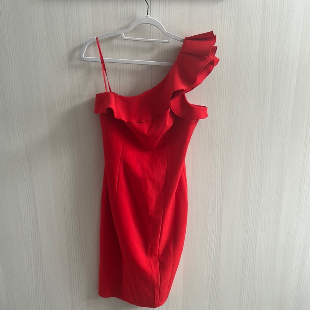 Eliza J Ruffle One Shoulder Cocktail Party Dress Red Back Zip Knee Length Size 6